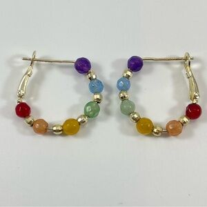 925 Sterling Silver Multicolor Jade Stone Bead Hoop Earrings Gold Tone Boho